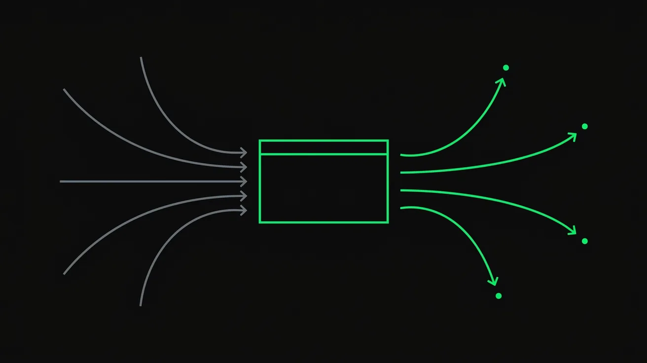 Diagram showing grey inbound arrows from AI crawlers reading a web page on one side, and separate green outbound arrows representing referred visitors on the other