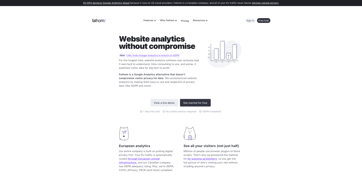 Fathom analytics dashboard with traffic totals and a time-series chart